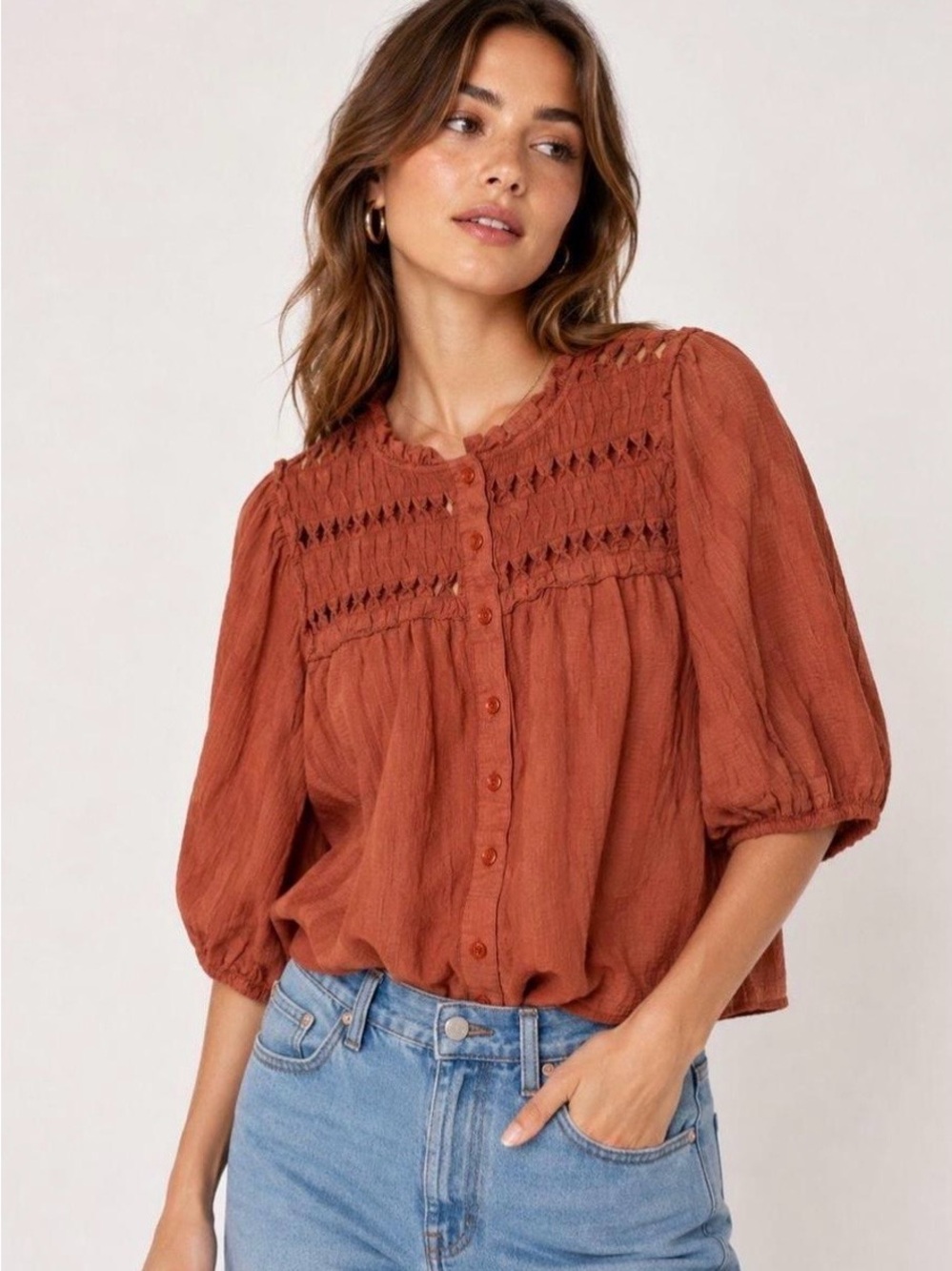 Calypso St. Barth Rust Cotton Smocked Peasant Blouse Top M